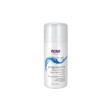A white bottle of Now Foods Progesterone from Wild Yam Balancing Skin Cream, unscented, 85 g, labeled for menopause support.